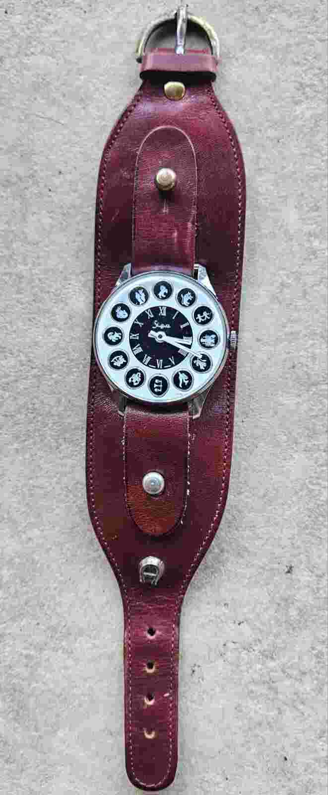 Works Vintage 1970 Men Sheffield Zodiac  Swiss Watch Leather Ettiene Aigner Band