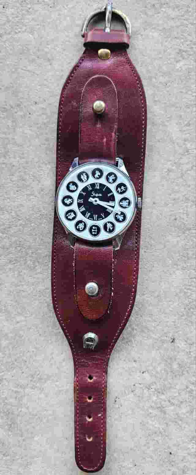 Works Vintage 1970 Men Sheffield Zodiac  Swiss Watch Leather Ettiene Aigner Band