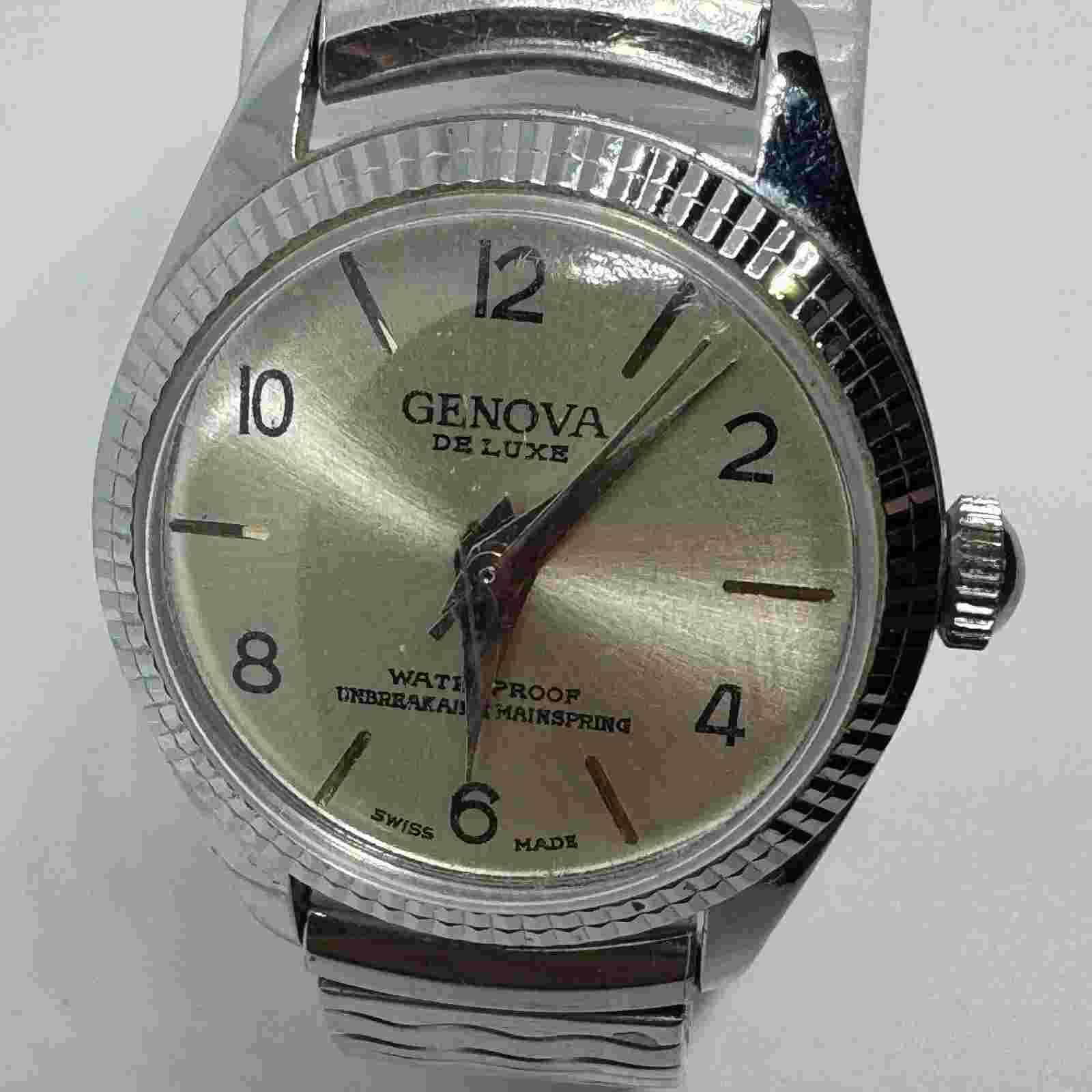 VTG Genova Swiss Hand-Winding Watch Men Silver Fluted Bezel Stretch ~ Run Fast