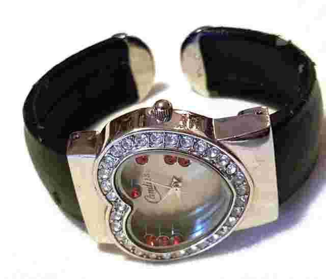 Retro Black SilverTone Heart Watch Cuff Style with Faux Jewels  by Candies