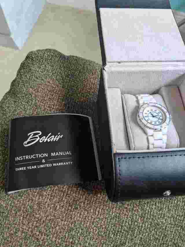 Belair White Ceramic Watch With Diamond Markers. Date Window.
