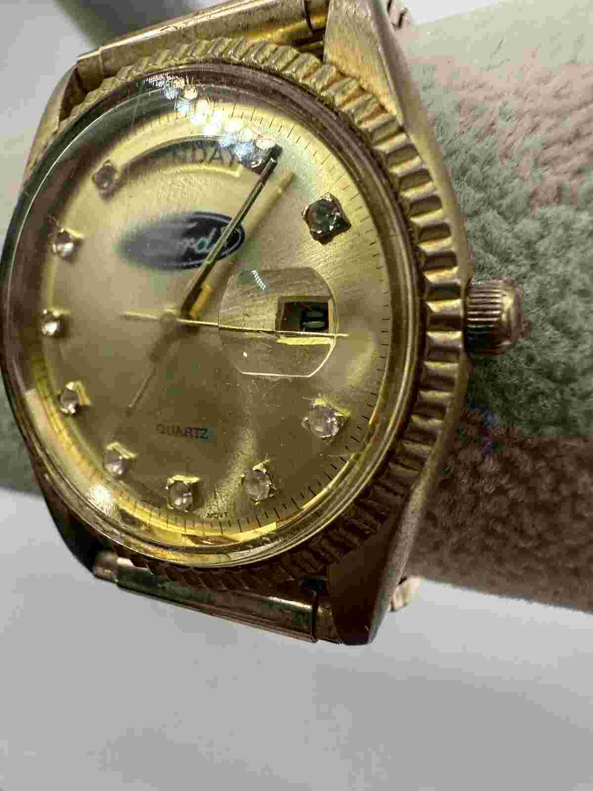 Pedre Ford Watch Mens Gold Tone Day Date New Battery 34MM 6" V