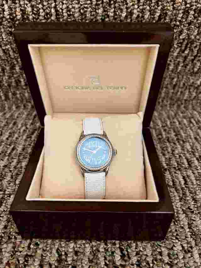 OFFICINA DEL TEMPO  WOMEN'S DIAMONDS, BLUE DIAL, WHITE LEATHER WATCH SAFI