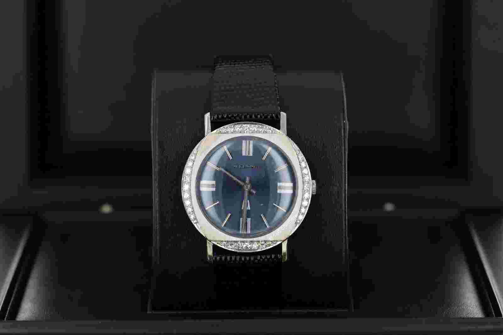 Accutron 33mm Blue Dial on Diamond Bezel and Black Leather Strap