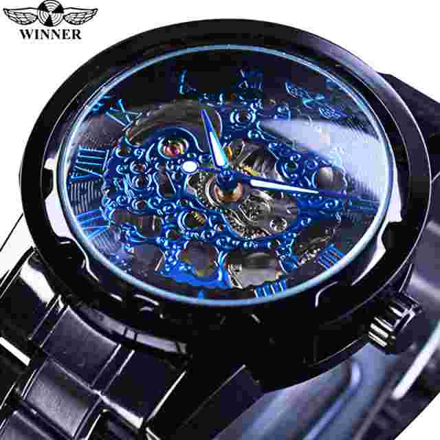 T-WINNER Men's Stainless Steel Mechanical Watches Luxury Retro Hollow Wristwatch