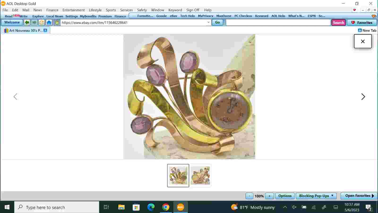 Art Nouveau 30's Pink & Yellow Gold Plated Purple Stone BANNER ladies Pin Watch