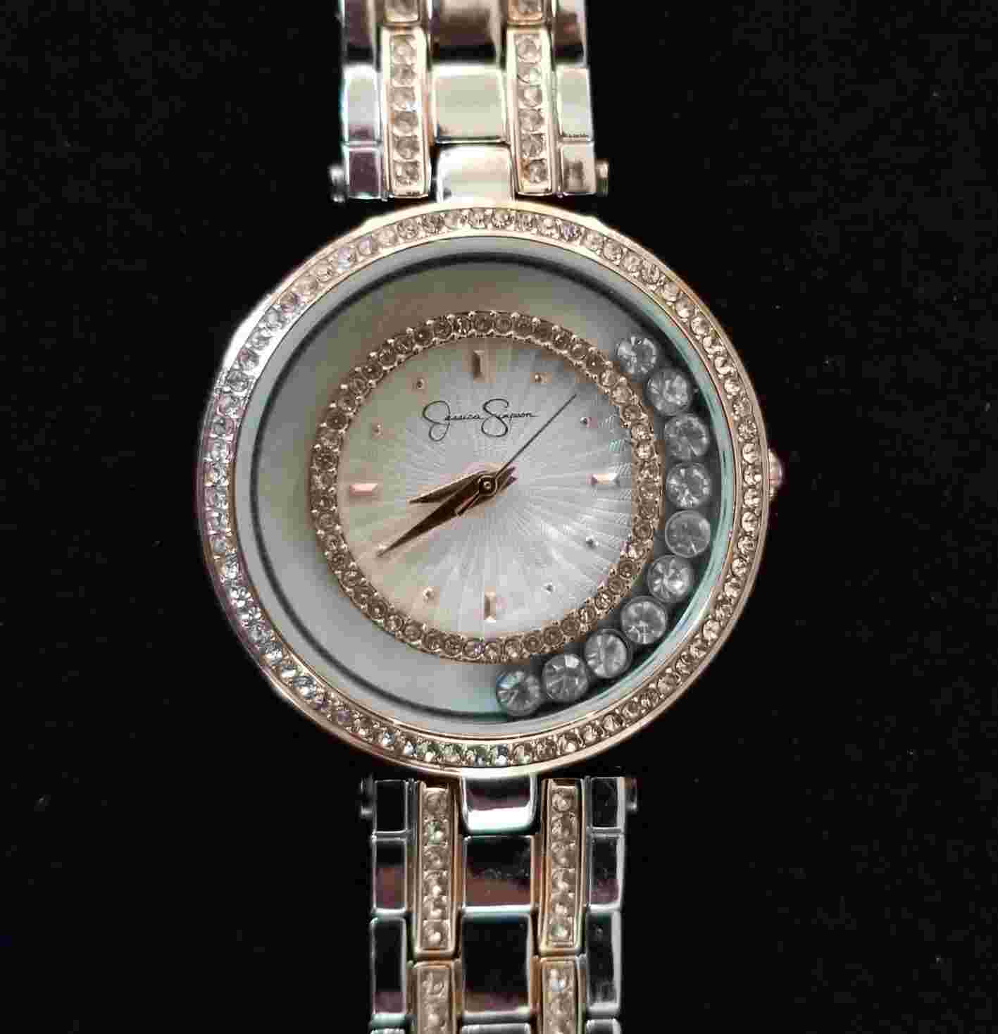 Jessica Simpson Two Tone Watch w/Floating Crystals Link Band 6.25" New Battery