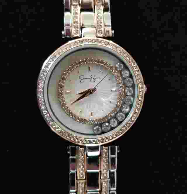 Jessica Simpson Two Tone Watch w/Floating Crystals Link Band 6.25" New Battery