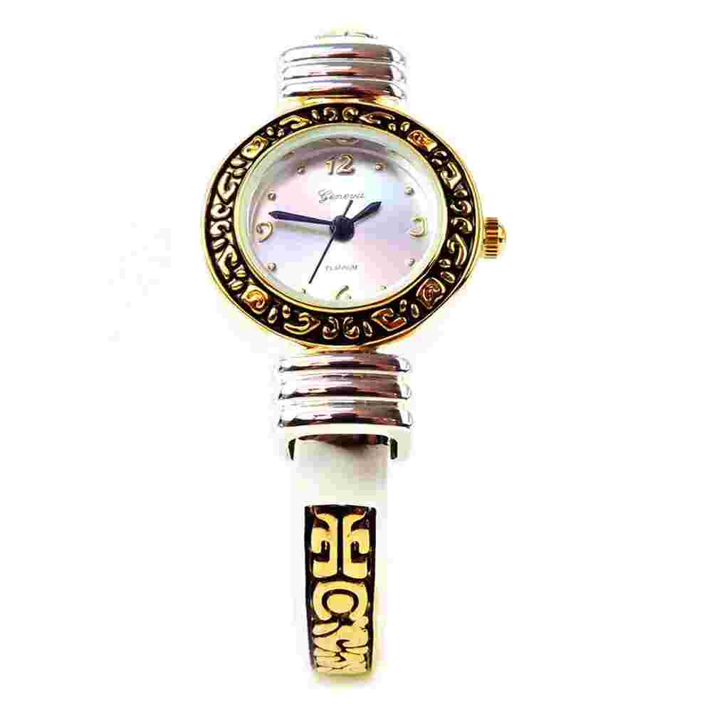 2Tone Western Style Decorated Bangle Cuff Watch for Women