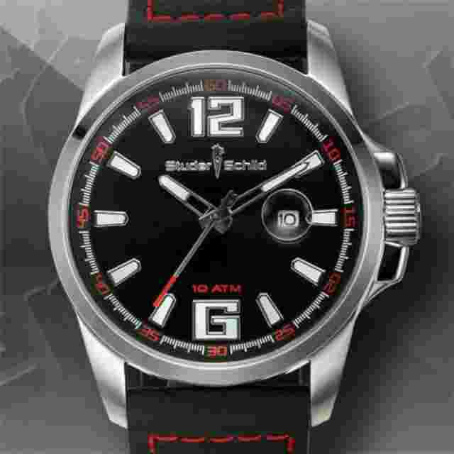NEW Studer Schild 1538M Men's Hollerith Analog Red Accented Black Leather Watch