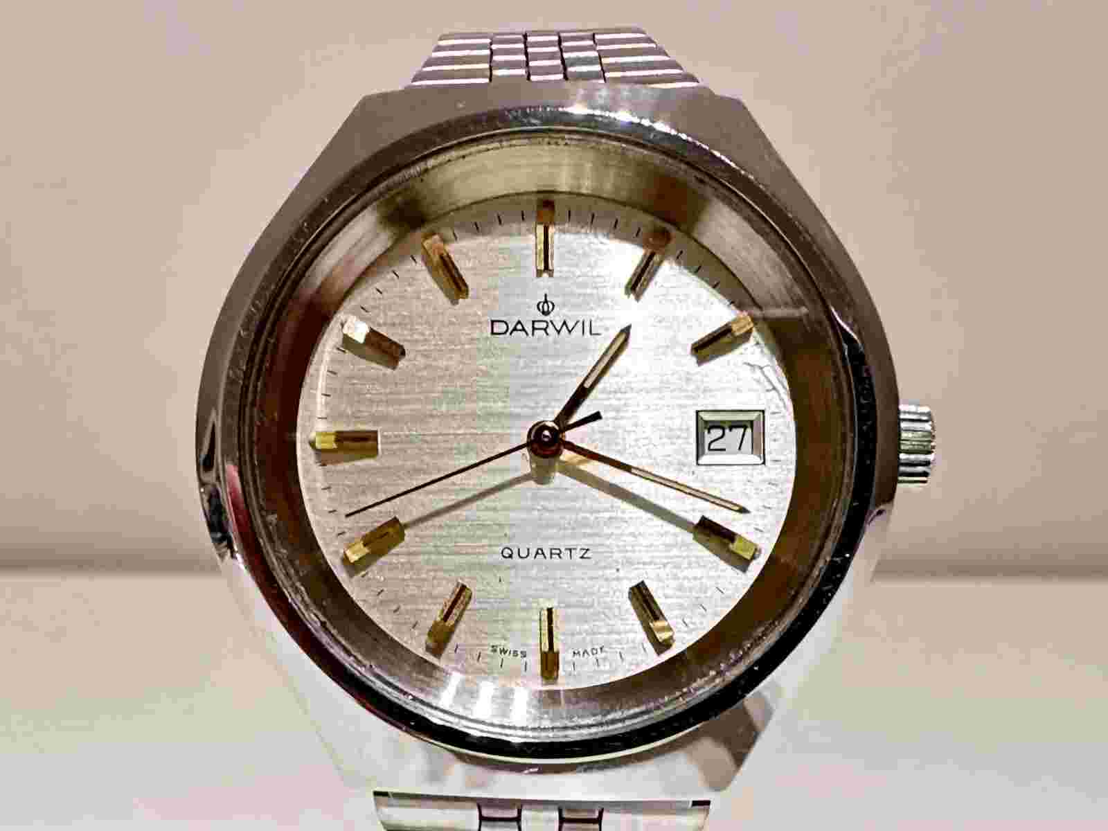 VINTAGE RARE COLLECTIBLE BIG SWISS ALL ST.STEEL MEN'S QUARTZ WATCH "DARWIL"