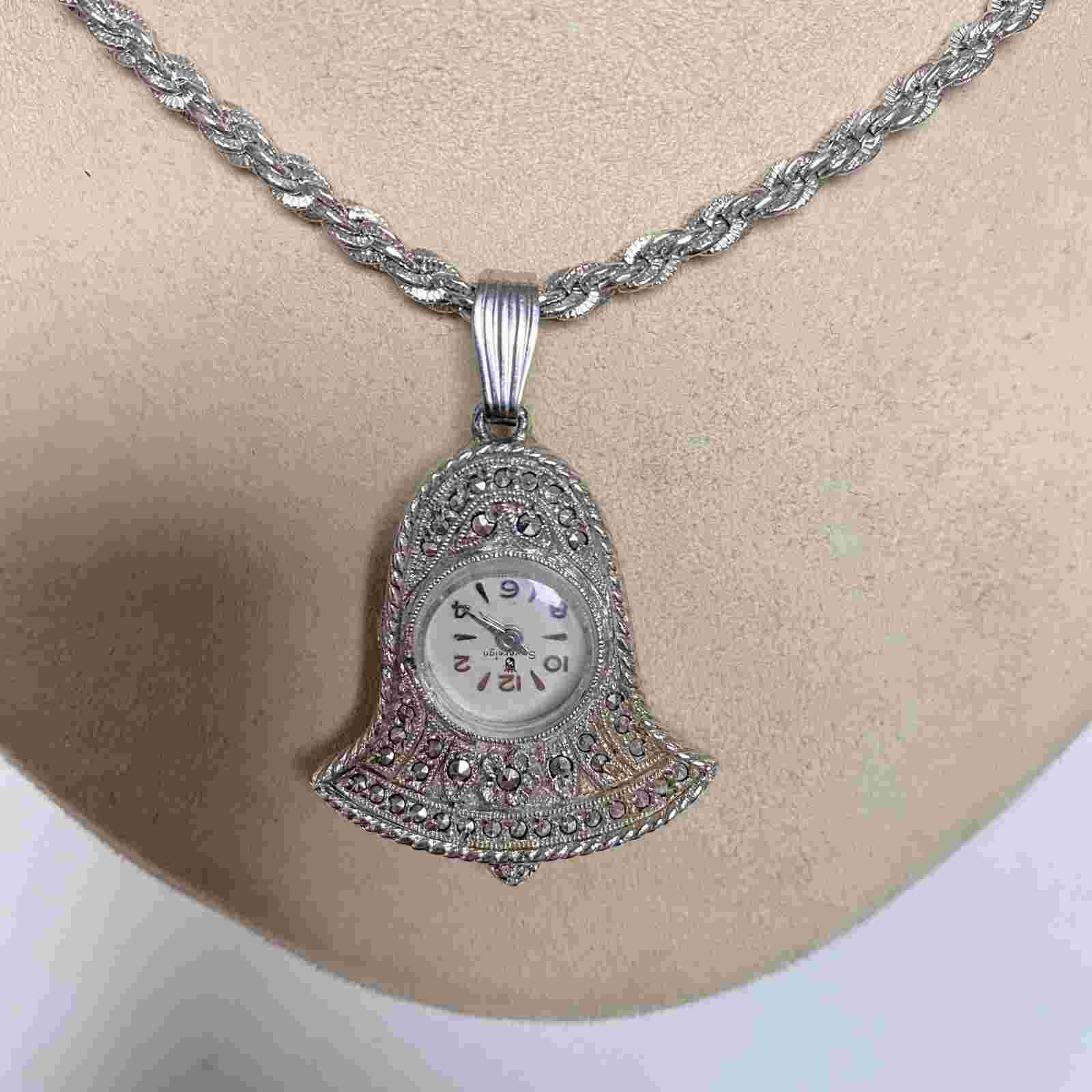 m671 Vintage Sovereign Swiss Made Silver Tone Pendant Watch on 26" Long Necklace
