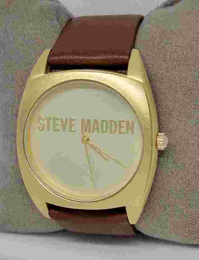 Mens Steve Madden Gold Tone Brown Leather Band Analog Watch F1