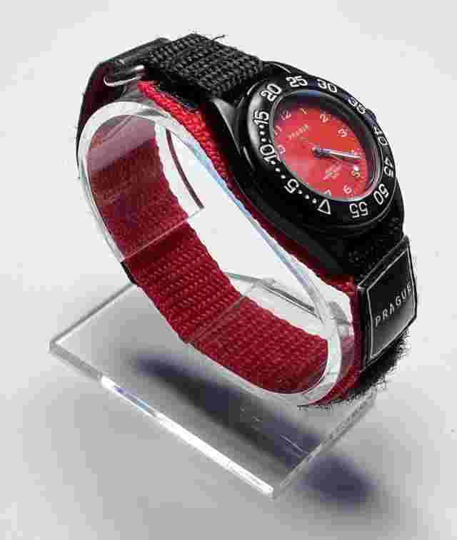 Prague Analog Watch Black Red Band All Stainless Steel Date New Battery