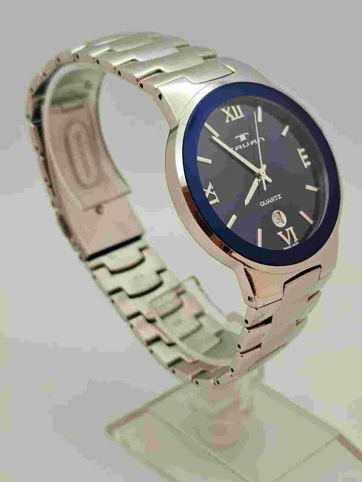 TAVAN MENS QUARTZ DATE WATCH BLUE SUNBURST DIAL SWISS MADE STAINLESS BRACELET
