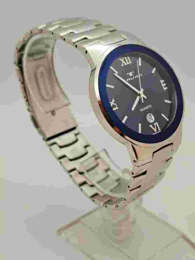 TAVAN MENS QUARTZ DATE WATCH BLUE SUNBURST DIAL SWISS MADE STAINLESS BRACELET