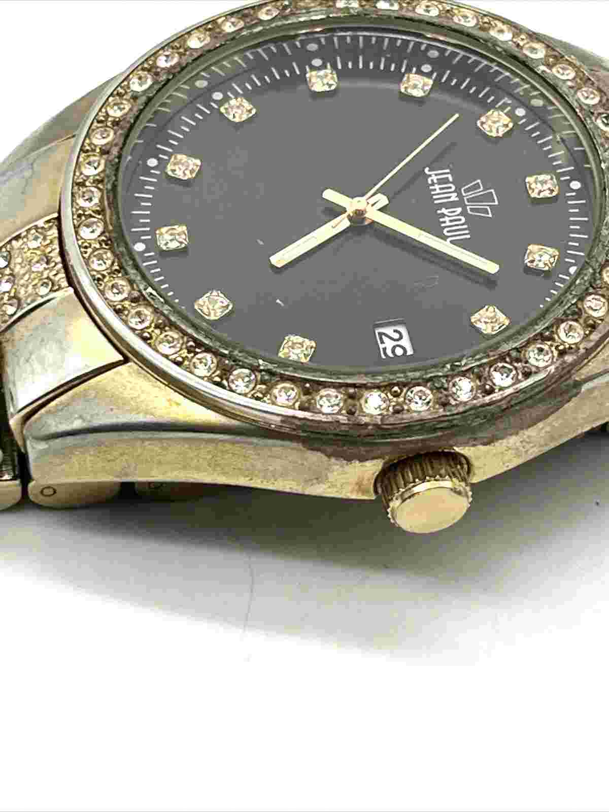Large Jean Paul Men's Gold Tone Black Face Bling Watch No Missing Stones