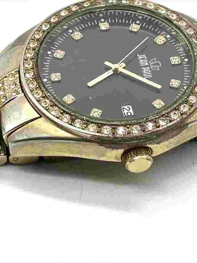 Large Jean Paul Men's Gold Tone Black Face Bling Watch No Missing Stones