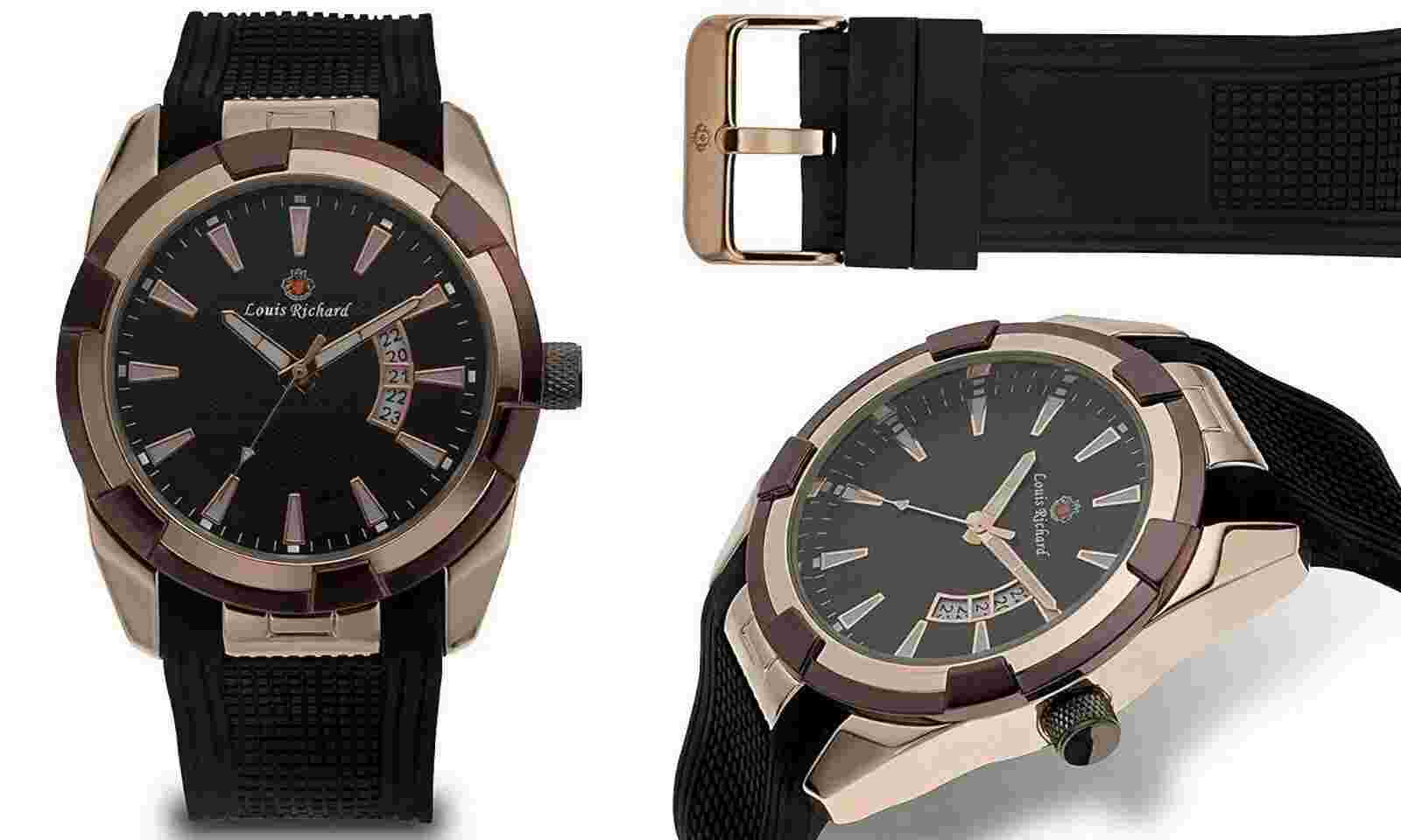 NEW Louis Richard 14040 Mens Halton Black Dial Rubber Rose Gold Masculine Watch