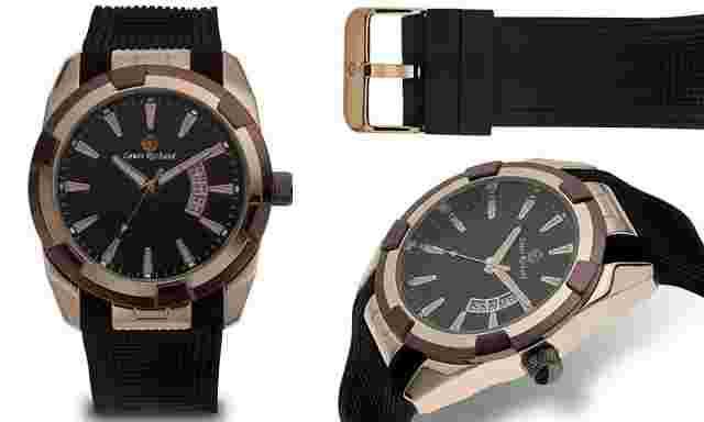NEW Louis Richard 14040 Mens Halton Black Dial Rubber Rose Gold Masculine Watch