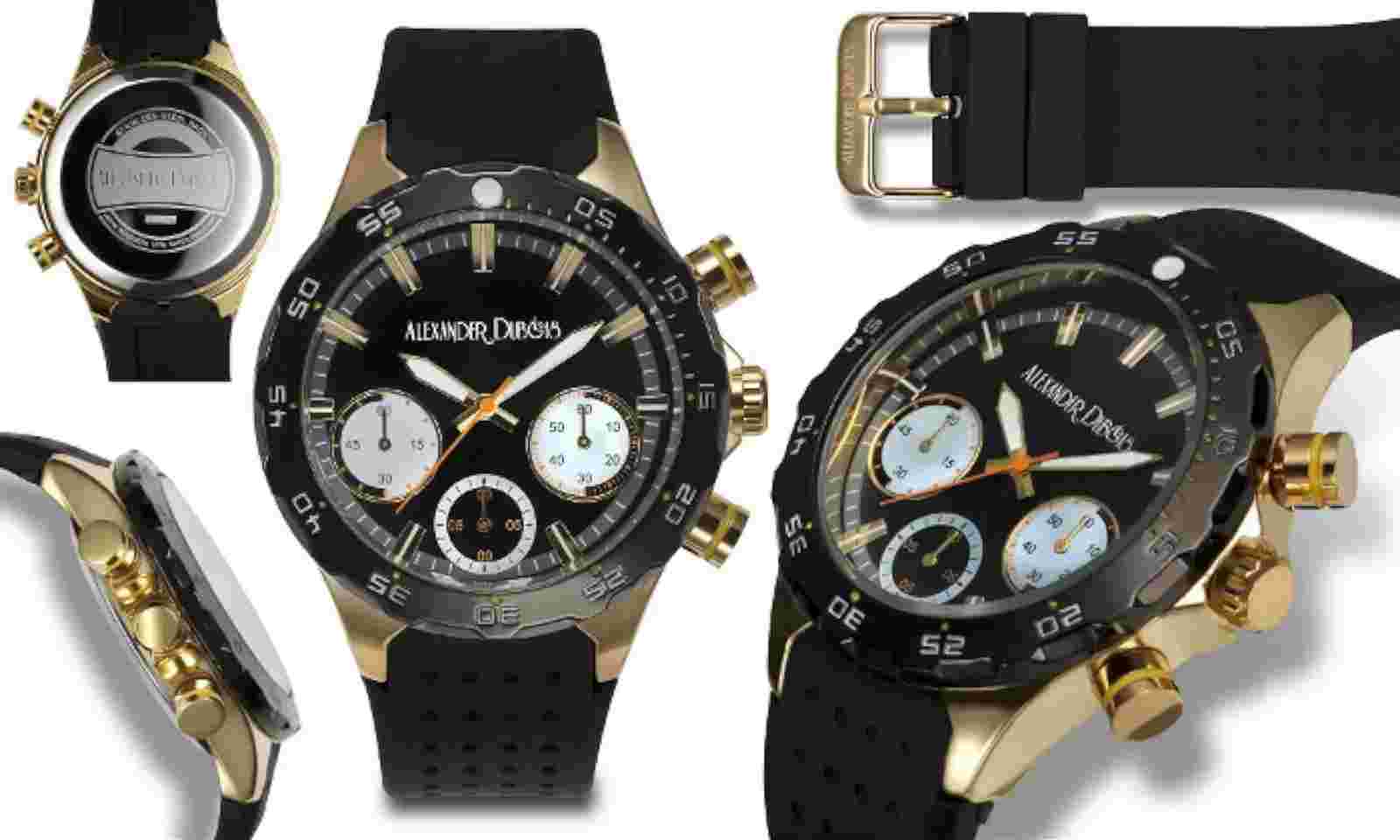 NEW Alexander Dubois 10074 Mens Alsace Series Black/Gold Chronograph Sport Watch