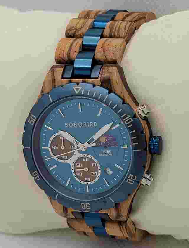 Mens BOBO BIRD  Wooden Chronograph Blue Brown Analog Watch M1