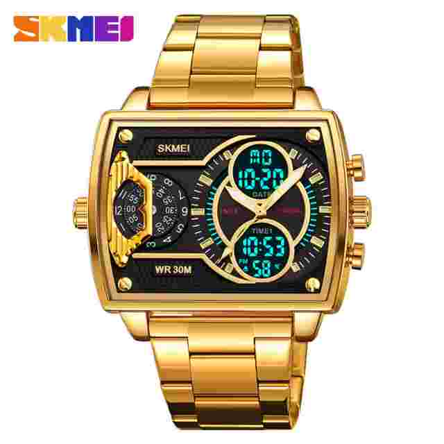 SKMEI Men Square Watch 4 Time Display Military Wristwatch Steel Digital Watches