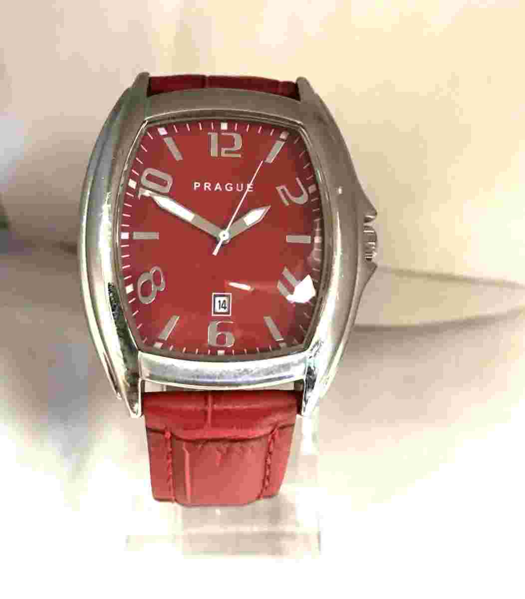 Prague Woman's Silver Tone Red Dial Red Leather Band 50M Date Watch 41mm x 43mm