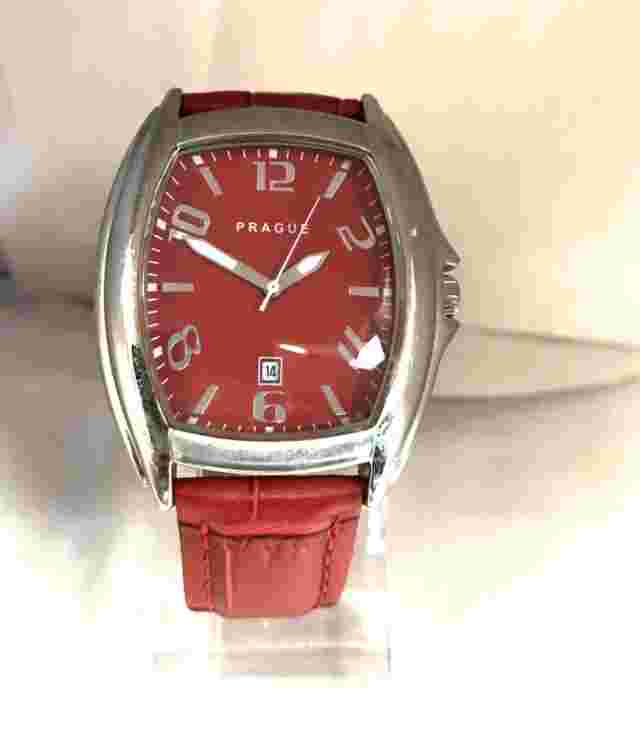 Prague Woman's Silver Tone Red Dial Red Leather Band 50M Date Watch 41mm x 43mm