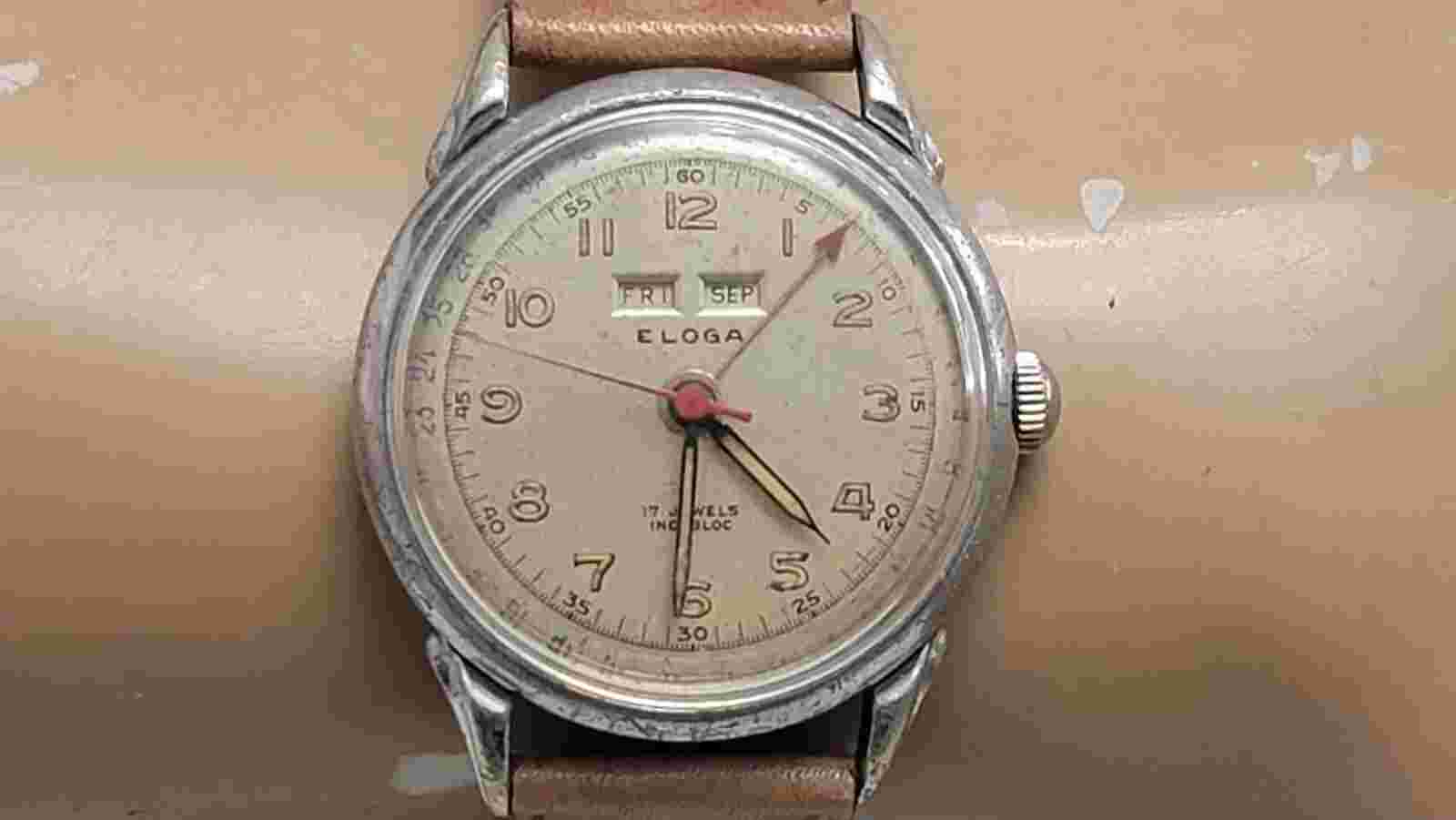 Vintage Eloga Triple Date Calendar Stainless Steel Manual Wind Men's Watch