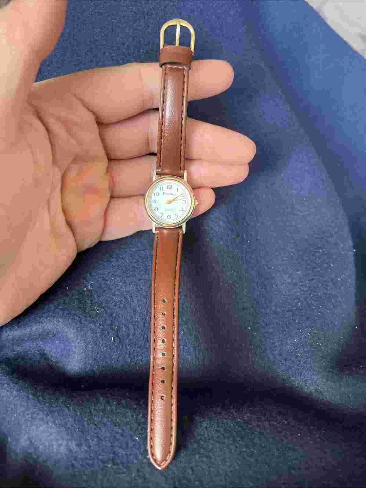 Eternity Womens Watch White Dial Gold Bezel Brown Leather Quartz NEW BATTERY