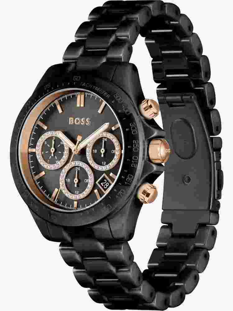 BOSS Ladies Novia Rose Gold Plated Ceramic Black Watch 1502633
