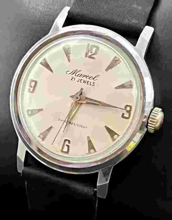 Vintage MARCEL Men’s 34mm Mechanical Watch 21 Jewels Steel Black Leather Beige