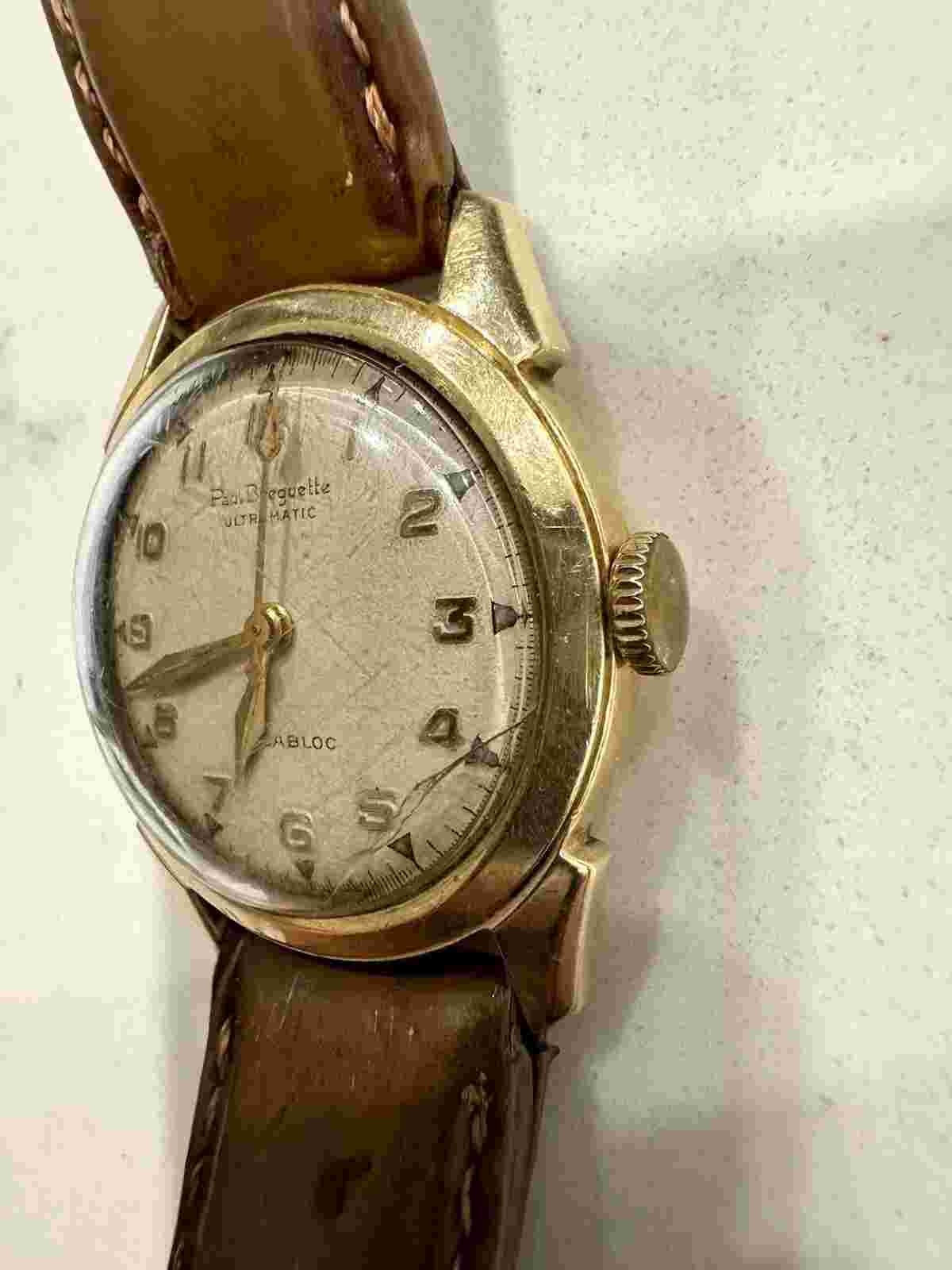 14k yellow gold Paul Breguette  watch 32mm case leather strap works great