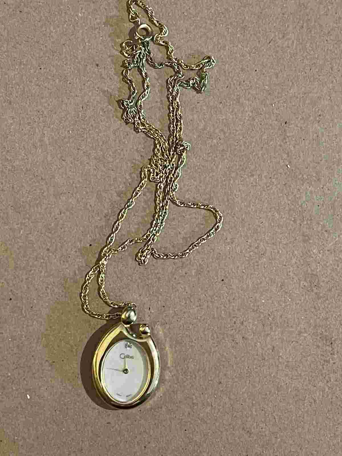 Vintage Colibri Pendant Watch, Mother & Child Gold Oval Case, Gold Chain  38”