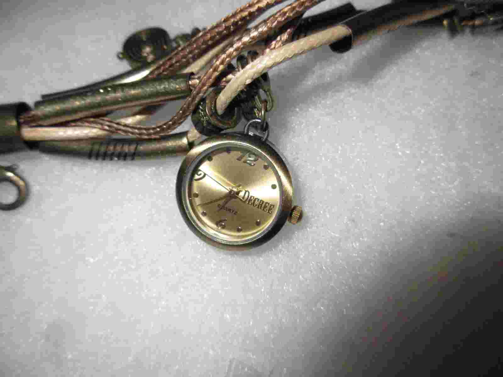 DECREE Bracelet w/Charms Owl Hearts Watch Gold Tone Tube & Leather Strand
