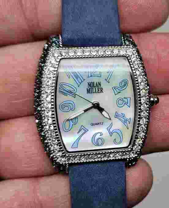 Nolan Miller Glamour Collection Ladies Watch Silver Blue Crystal Rhinestone NEW