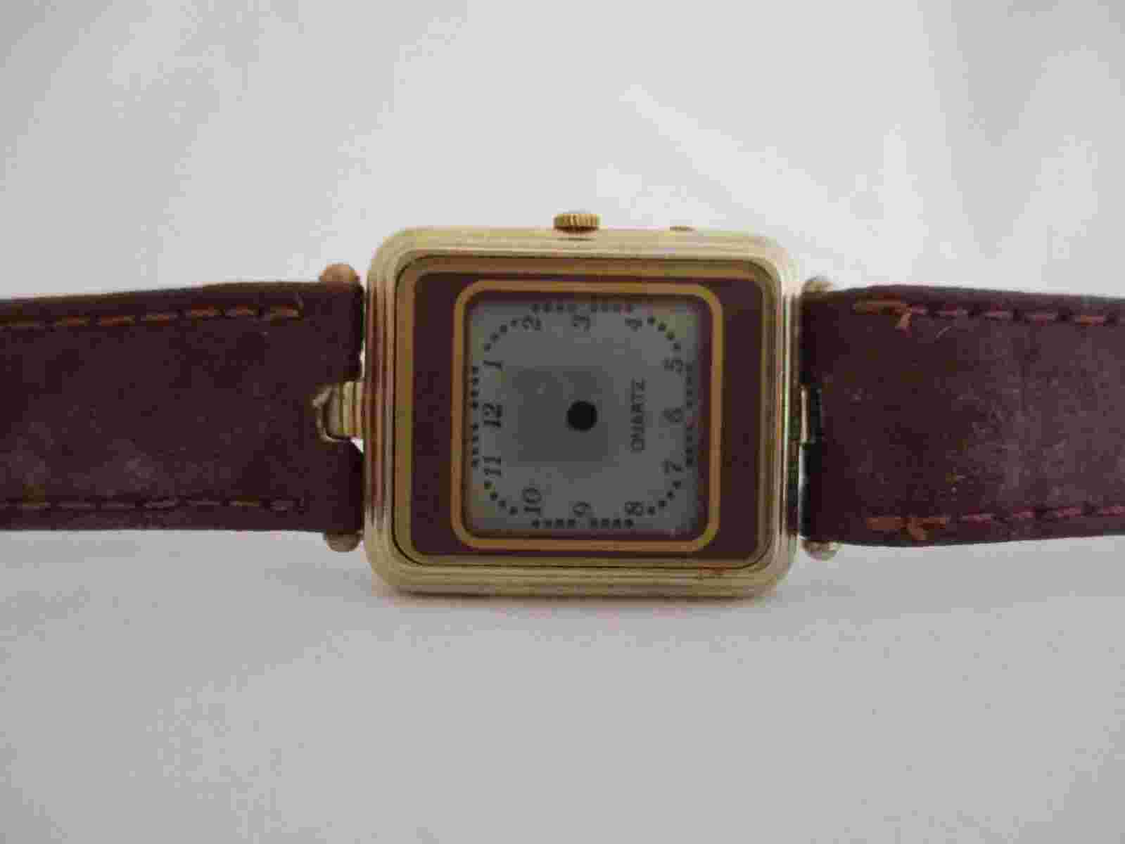 Marcel Digital Wristwatch Gold Tone Maroon Leather Buckle Band Rectangular Face