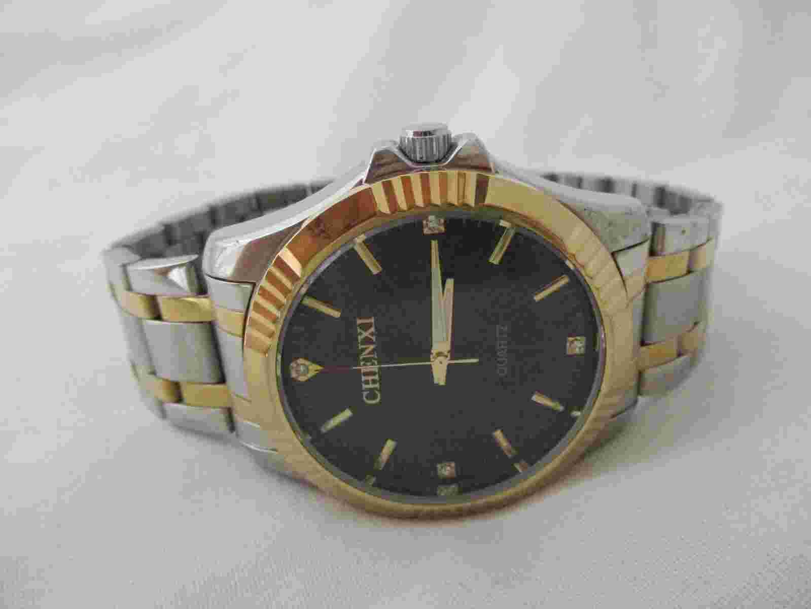 Chenxi Watch Silver & Gold Stainless Steel Tone Link Band Round Black Face