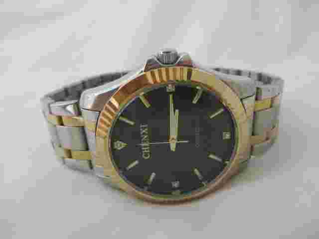 Chenxi Watch Silver & Gold Stainless Steel Tone Link Band Round Black Face