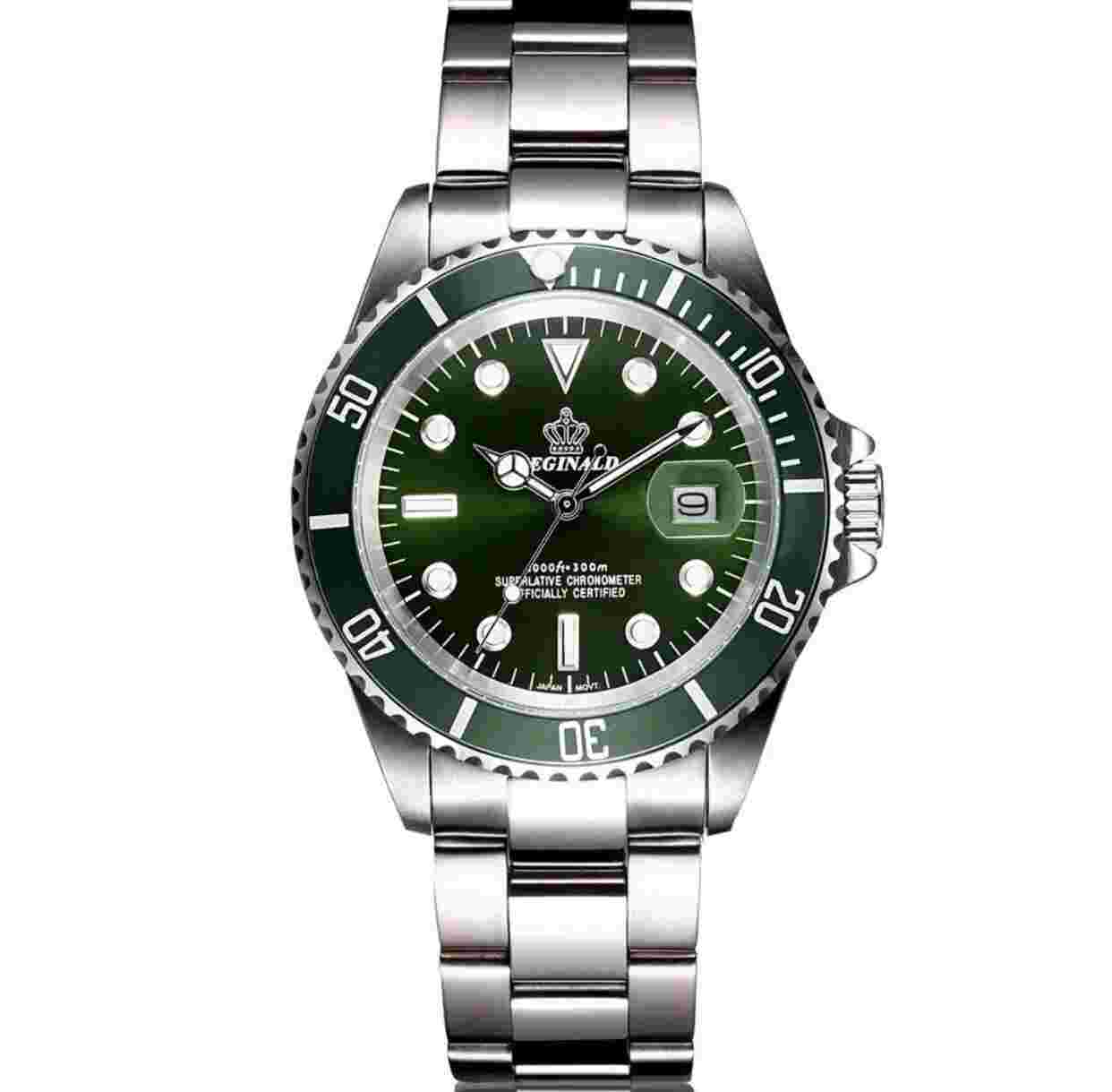 Reginald Mens Wrist Watch Silver White Green Analog Quartz New Battery. New