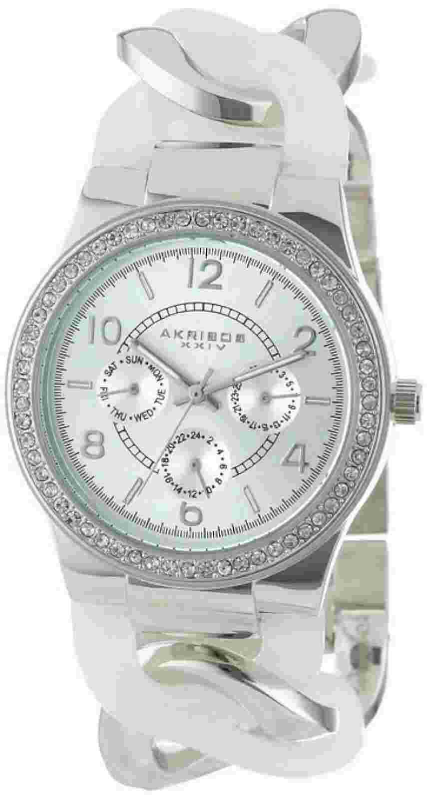 Akribos AK562WT Quartz Multifunction Crystal Accented Resin Chain Womens Watch
