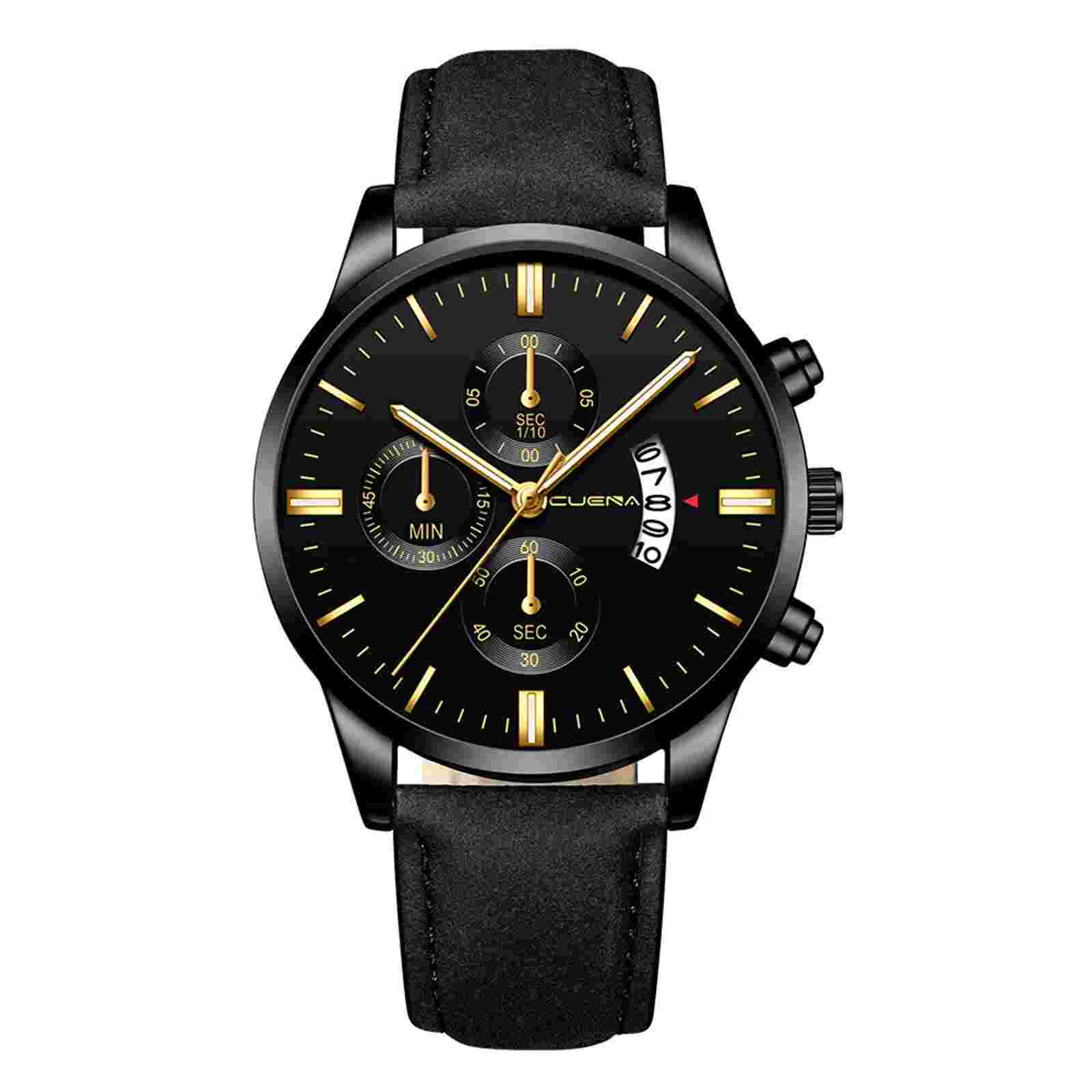 CUENA Men Watch Sport Stainless Steel Case Leather Band Quartz Analog Watch