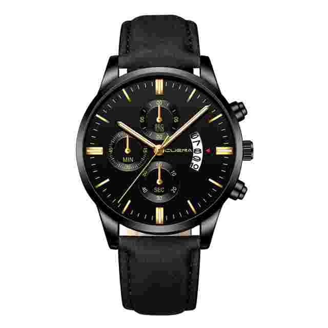 CUENA Men Watch Sport Stainless Steel Case Leather Band Quartz Analog Watch