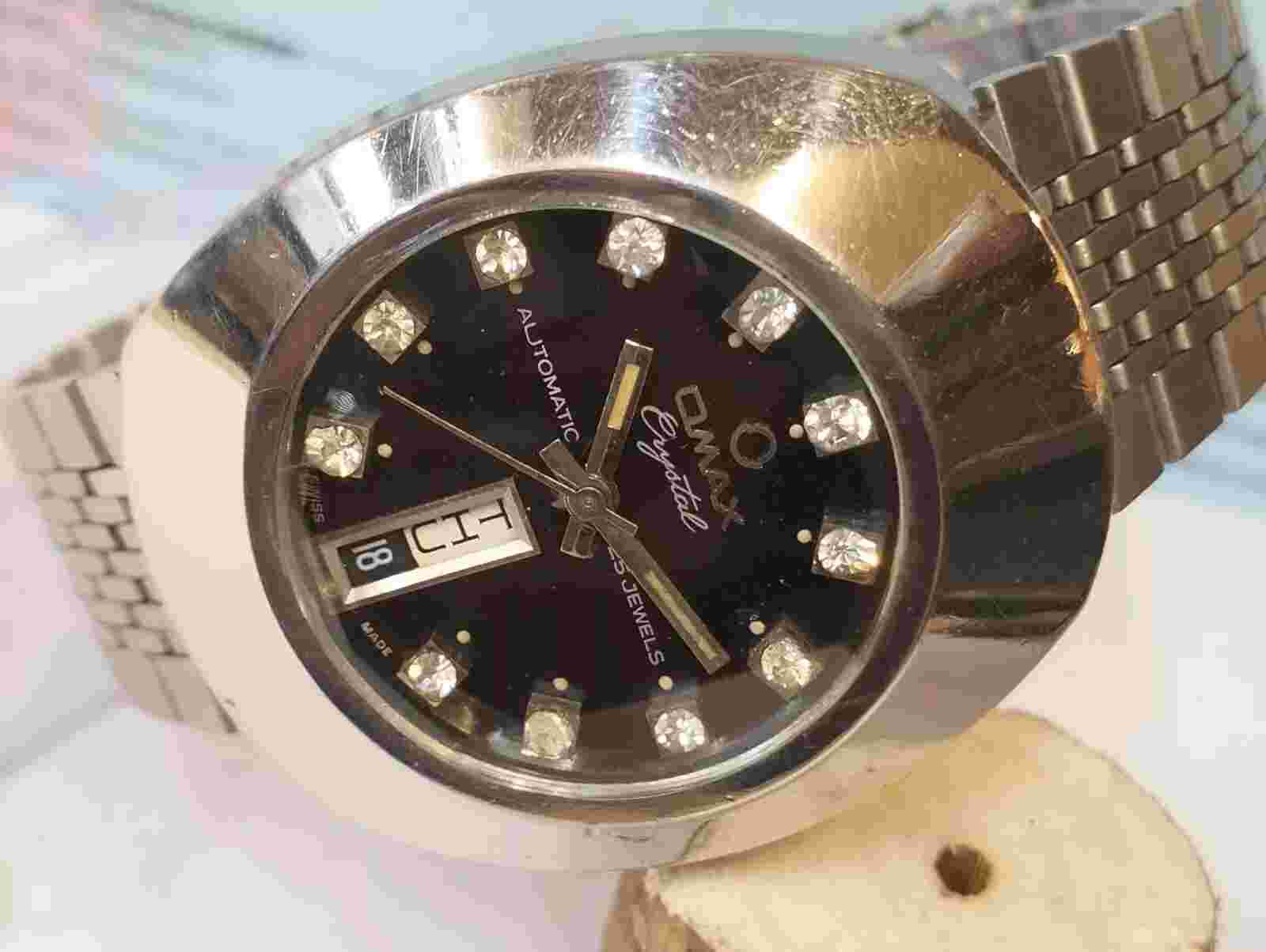 OMAX 25 JEWELS AUTOMATIC BLACK DIAL 28-35204 SWISS MEN FULL WORKING ALL ORG VTG.