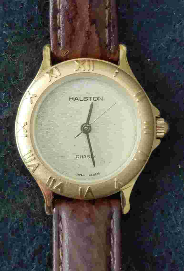 Halston Vintage Women's Quartz Watch Gold Dial Case Bezel Brown Leather Strap
