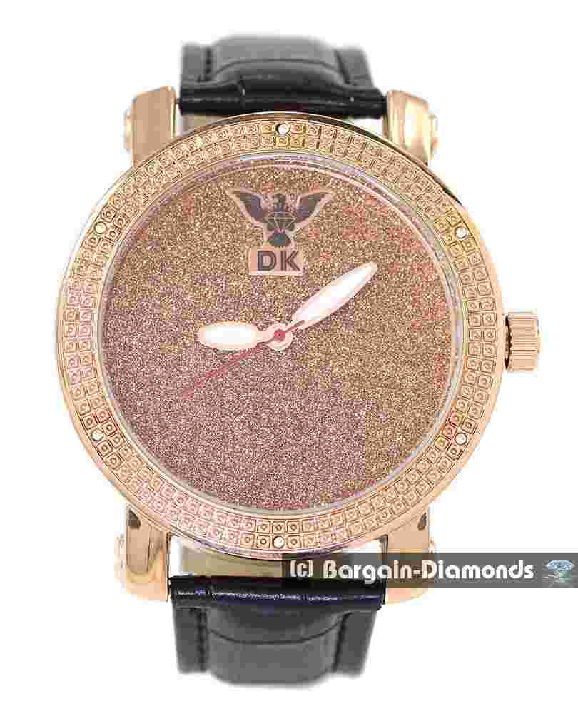 Mens Big Natural Diamond Rose tone Clubbing Watch Rose Bling Dial 9" Black Strap