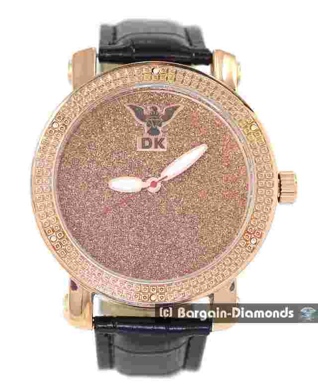 Mens Big Natural Diamond Rose tone Clubbing Watch Rose Bling Dial 9" Black Strap