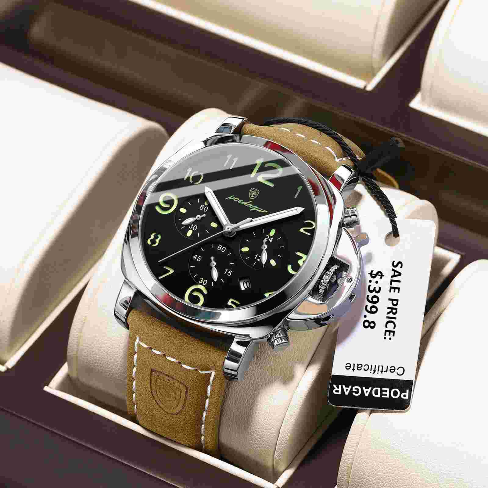 Reloj de Hombre de Acero Inoxidable Suizo Plateado Negro Elegantes Piel Cuero