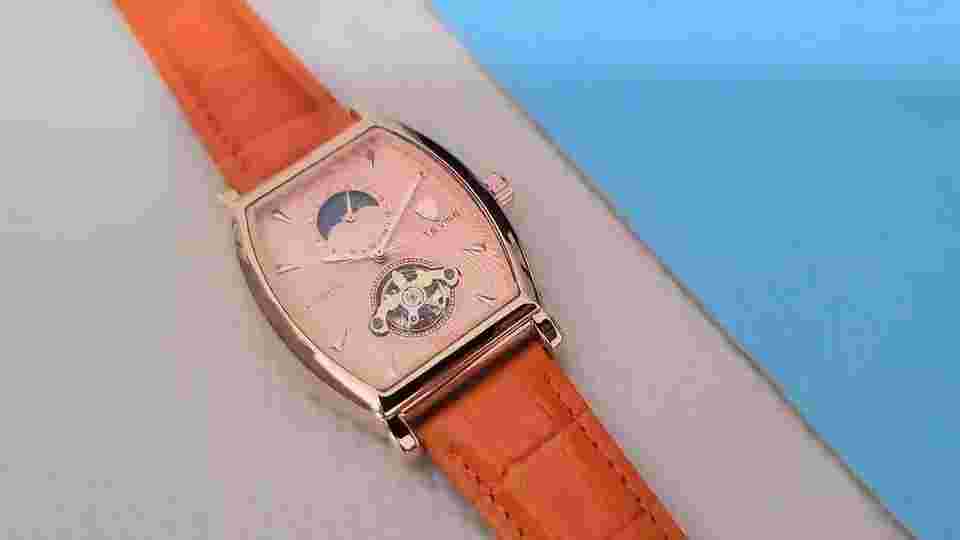 Mens Rose Gold Moon Phase Automatic Mechanical Watch Orange Leather 24HR Dial